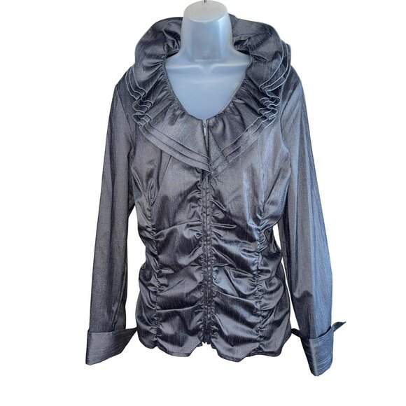 Samuel Dong Ruffled Long Sleeve Sparkling Metallic Runway Jacket L Grey - Picture 3 of 8